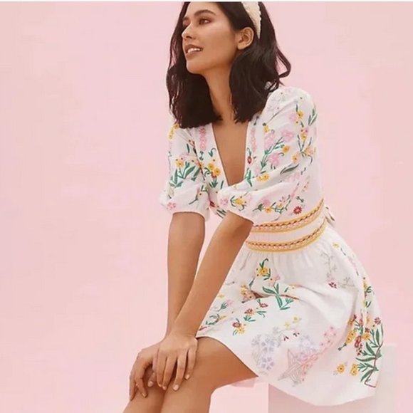 Anthropologie Deep-V Floral Embroidered Mini Dress Size 2XL White - Picture 11 of 13
